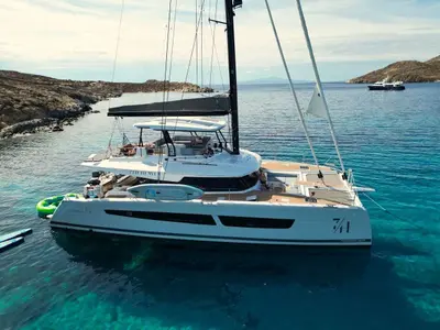 7th Heaven, a Fountaine Pajot Samana 59 catamaran at Piraeus, Greece