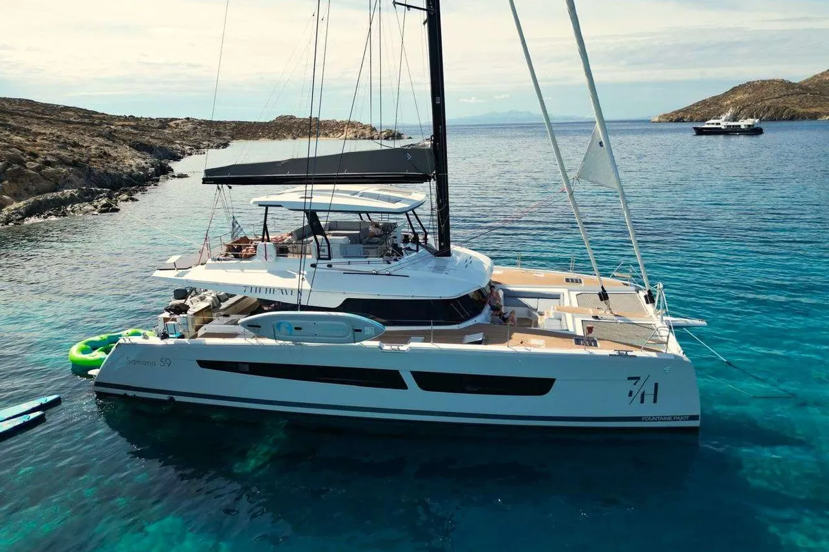 7th Heaven, a Fountaine Pajot Samana 59 catamaran at Piraeus, Greece