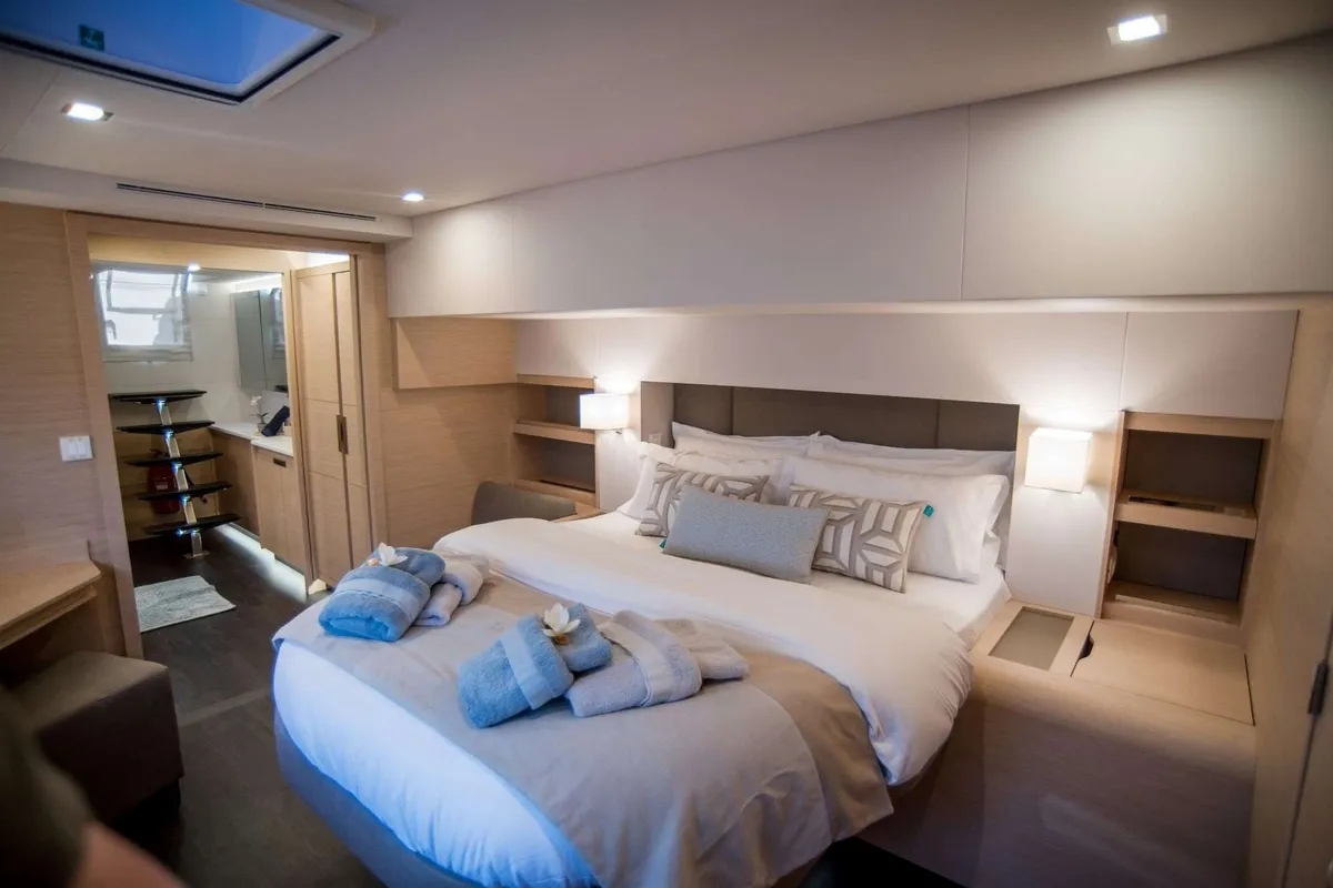 7th Heaven, a Fountaine Pajot Samana 59 catamaran at Piraeus, Greece