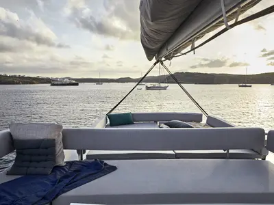 Deck of La Calma, a Bali 4.4 catamaran at Pirovac, Croatia