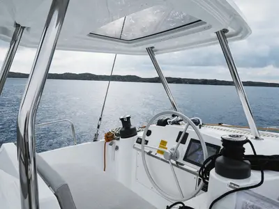 Cockpit of La Calma, a Bali 4.4 catamaran at Pirovac, Croatia