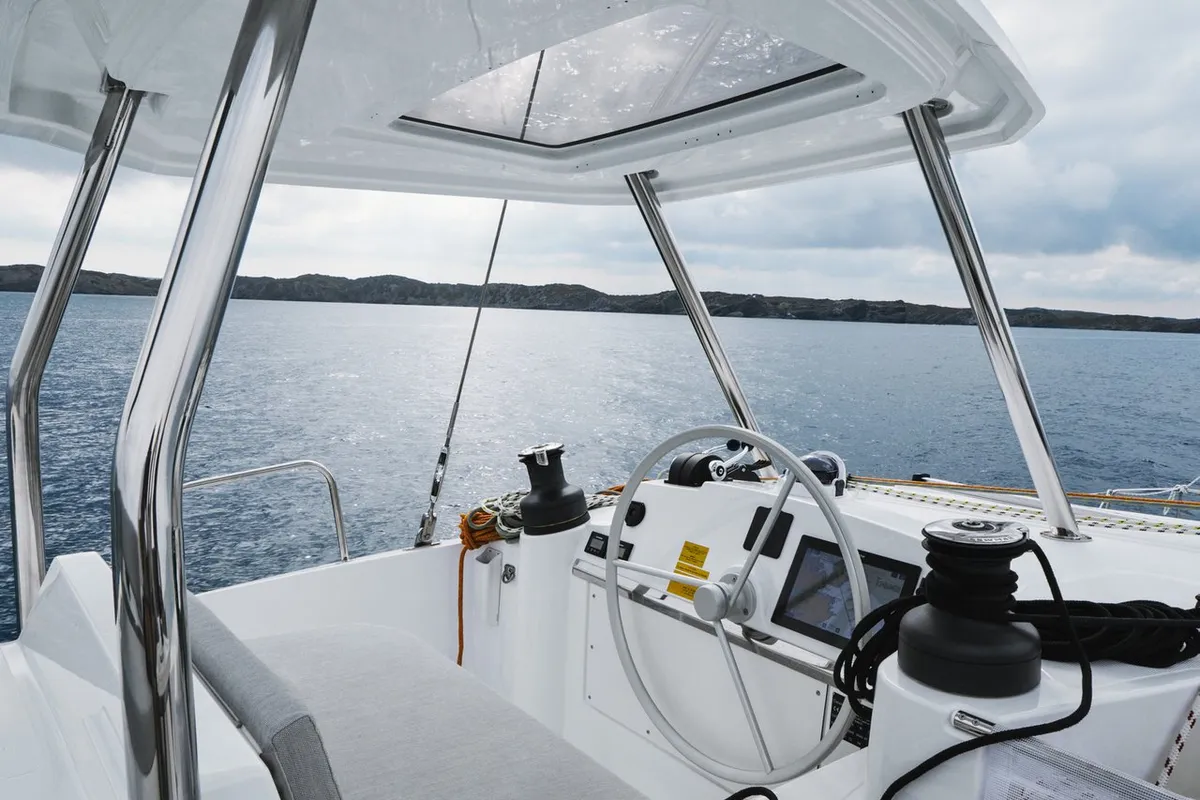 Cockpit of La Calma, a Bali 4.4 catamaran at Pirovac, Croatia