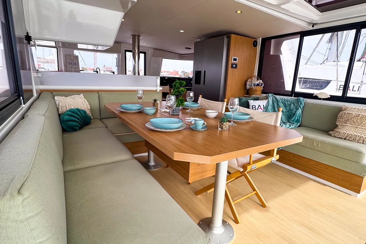 Salon of La Calma, a Bali 4.4 catamaran at Pirovac, Croatia
