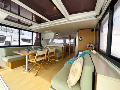 Salon of La Calma, a Bali 4.4 catamaran at Pirovac, Croatia