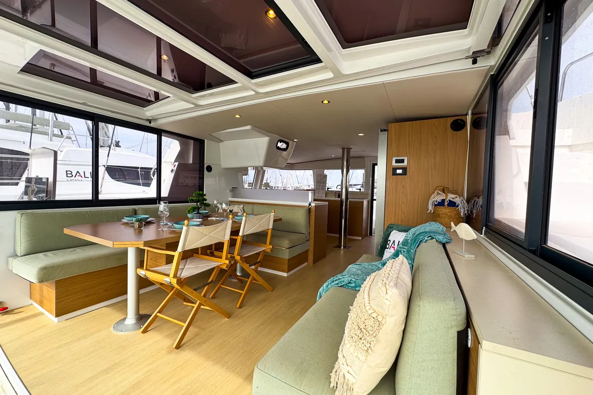 Salon of La Calma, a Bali 4.4 catamaran at Pirovac, Croatia