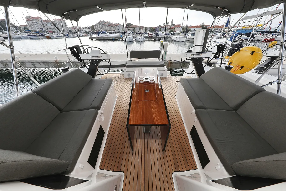 Deck of Jolie, a Dufour 470 sailboat at Biograd na Moru, Croatia