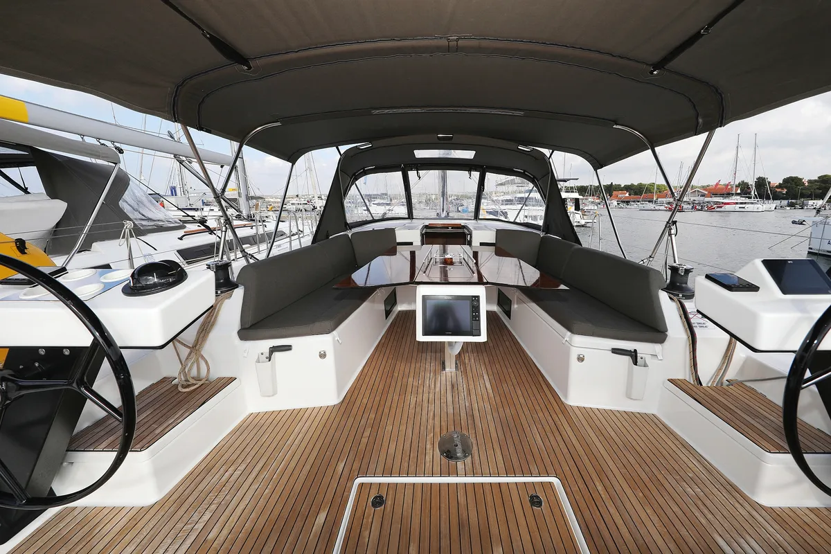 Deck of Jolie, a Dufour 470 sailboat at Biograd na Moru, Croatia