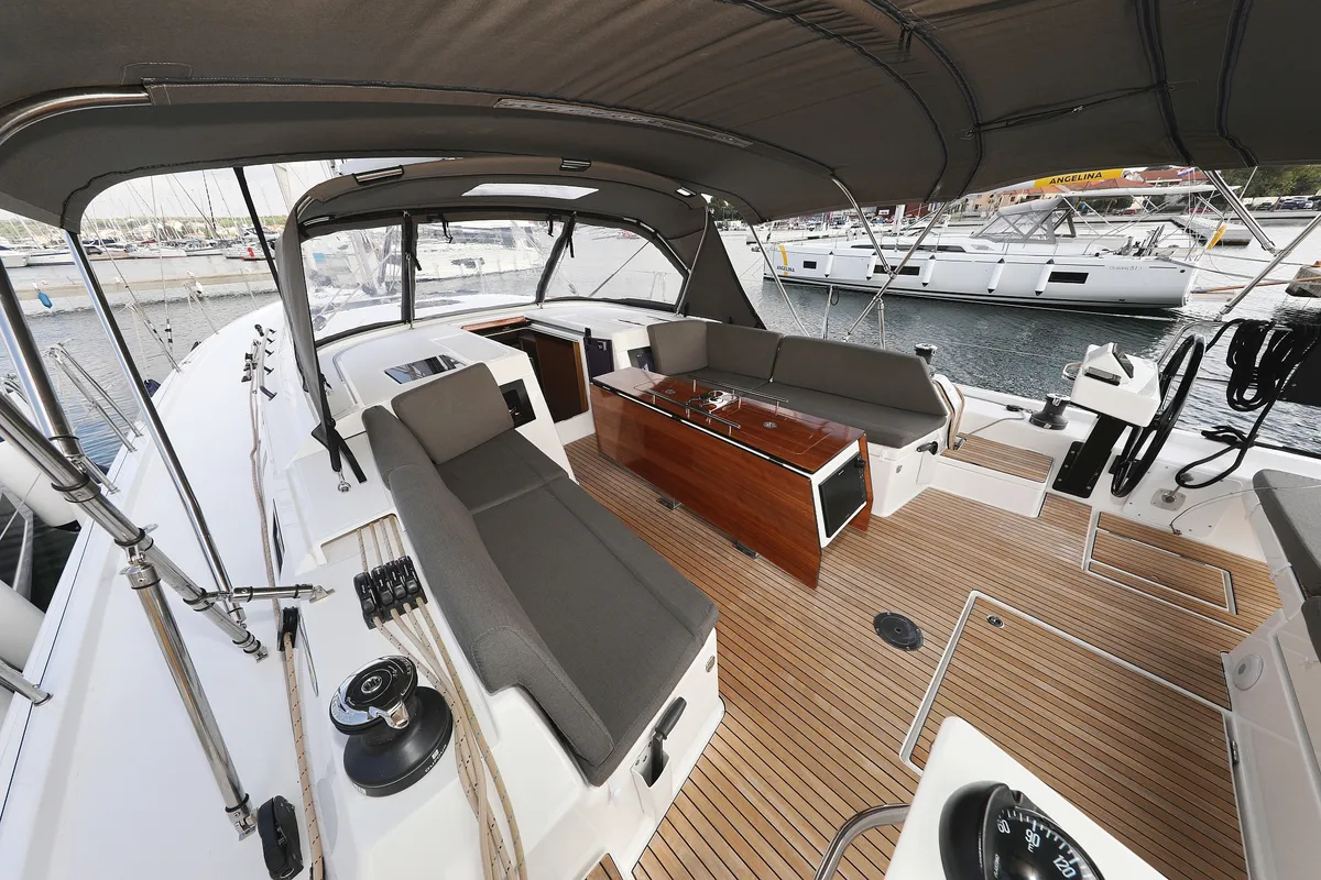 Deck of Jolie, a Dufour 470 sailboat at Biograd na Moru, Croatia