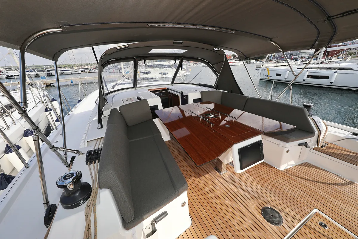 Deck of Jolie, a Dufour 470 sailboat at Biograd na Moru, Croatia