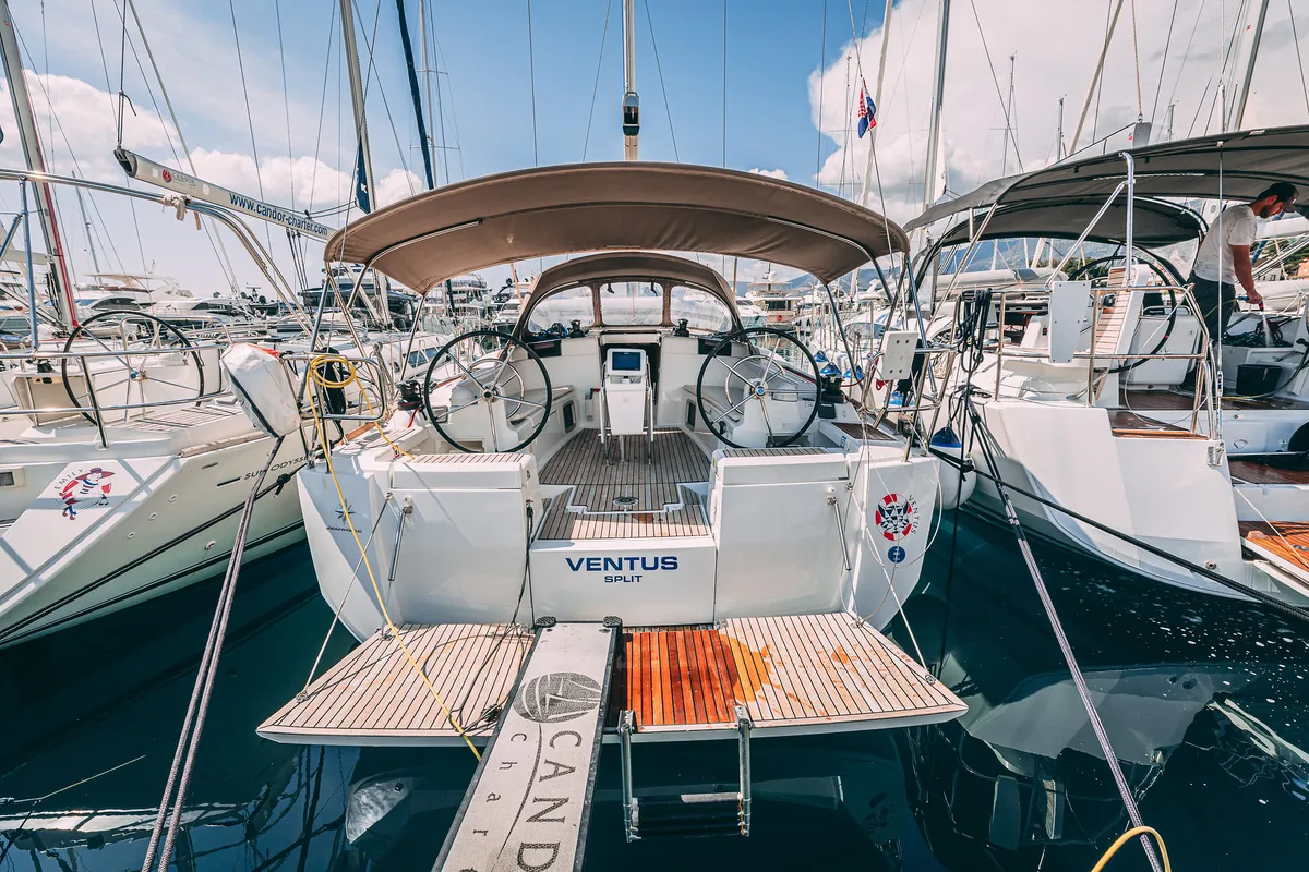 Exterior view of Ventus, a Jeanneau Sun Odyssey 449 sailboat at Kaštela, Croatia