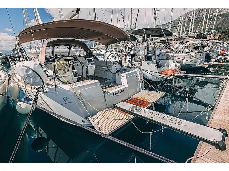 Exterior view of Ventus, a Jeanneau Sun Odyssey 449 sailboat at Kaštela, Croatia
