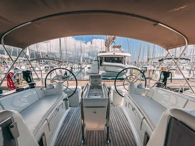 Cockpit of Ventus, a Jeanneau Sun Odyssey 449 sailboat at Kaštela, Croatia