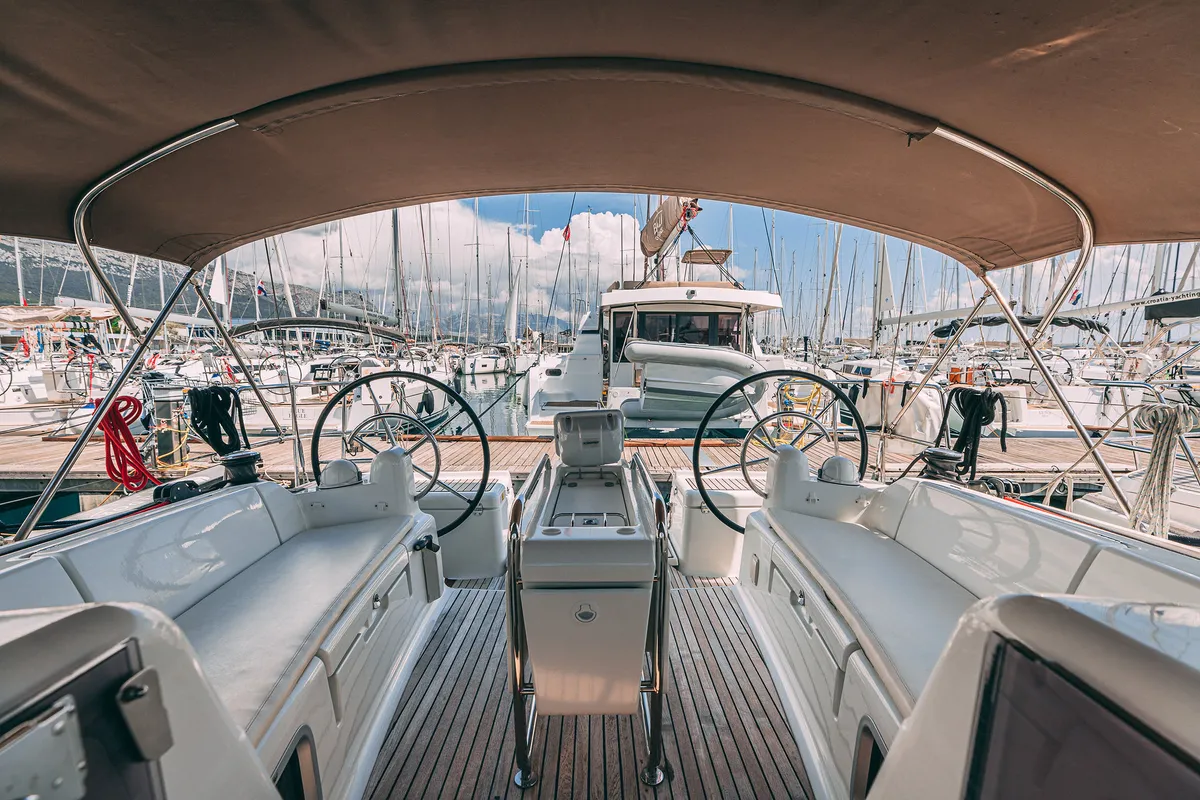 Cockpit of Ventus, a Jeanneau Sun Odyssey 449 sailboat at Kaštela, Croatia