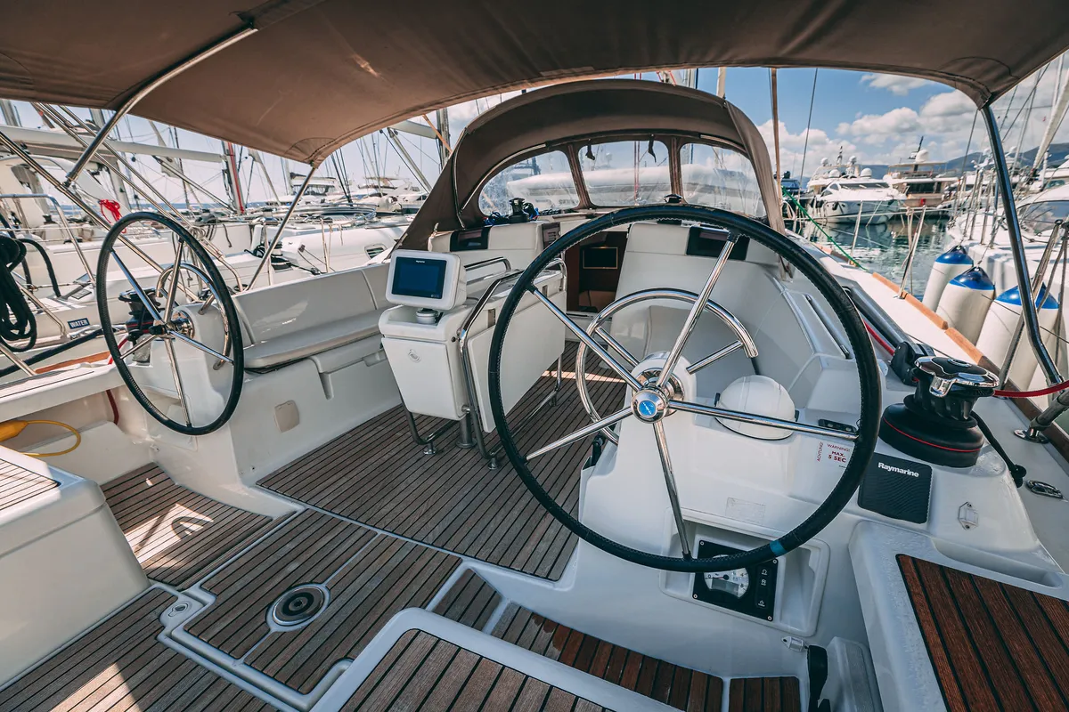 Cockpit of Ventus, a Jeanneau Sun Odyssey 449 sailboat at Kaštela, Croatia