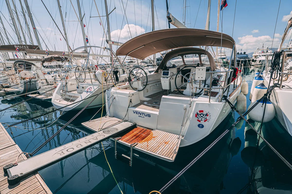 Exterior view of Ventus, a Jeanneau Sun Odyssey 449 sailboat at Kaštela, Croatia