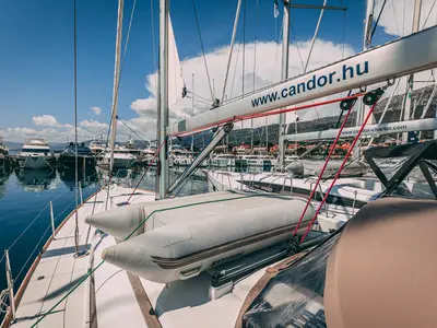 Deck of Ventus, a Jeanneau Sun Odyssey 449 sailboat at Kaštela, Croatia