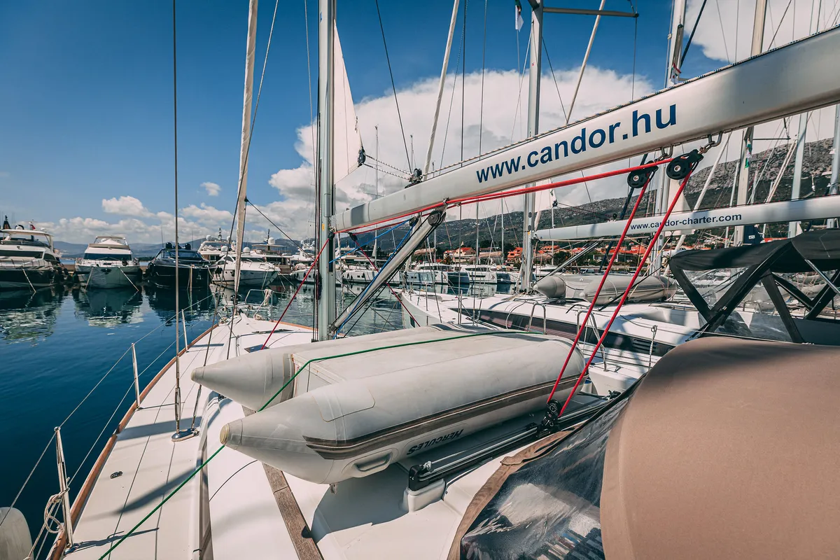 Deck of Ventus, a Jeanneau Sun Odyssey 449 sailboat at Kaštela, Croatia