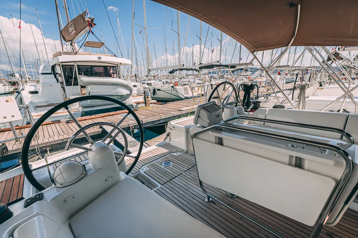 Cockpit of Ventus, a Jeanneau Sun Odyssey 449 sailboat at Kaštela, Croatia