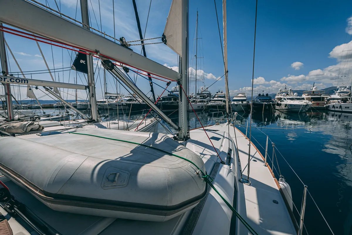 Deck of Ventus, a Jeanneau Sun Odyssey 449 sailboat at Kaštela, Croatia