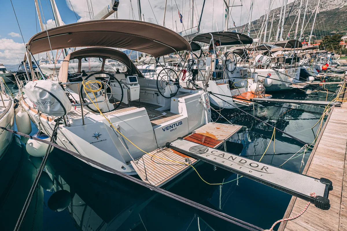 Exterior view of Ventus, a Jeanneau Sun Odyssey 449 sailboat at Kaštela, Croatia