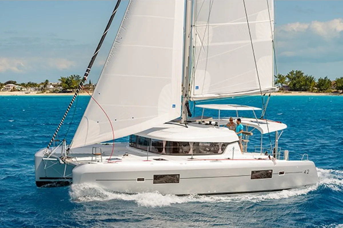 Exterior view of M. Nastazia, a Lagoon 42 catamaran at Athens, Greece