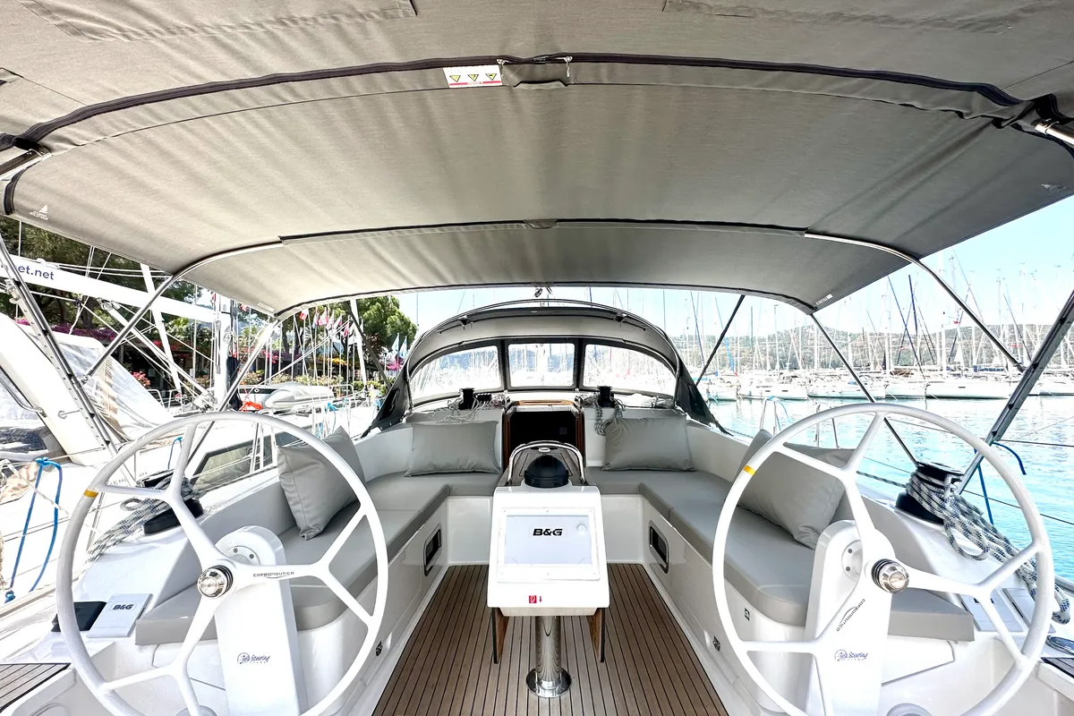 Cockpit of Sail Leo, a Bavaria Cruiser 46 sailboat at Fethiye, Turkey