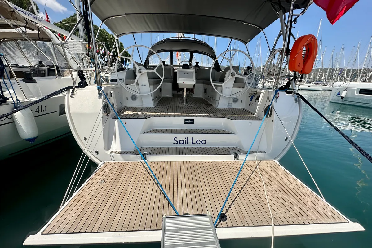 Deck of Sail Leo, a Bavaria Cruiser 46 sailboat at Fethiye, Turkey