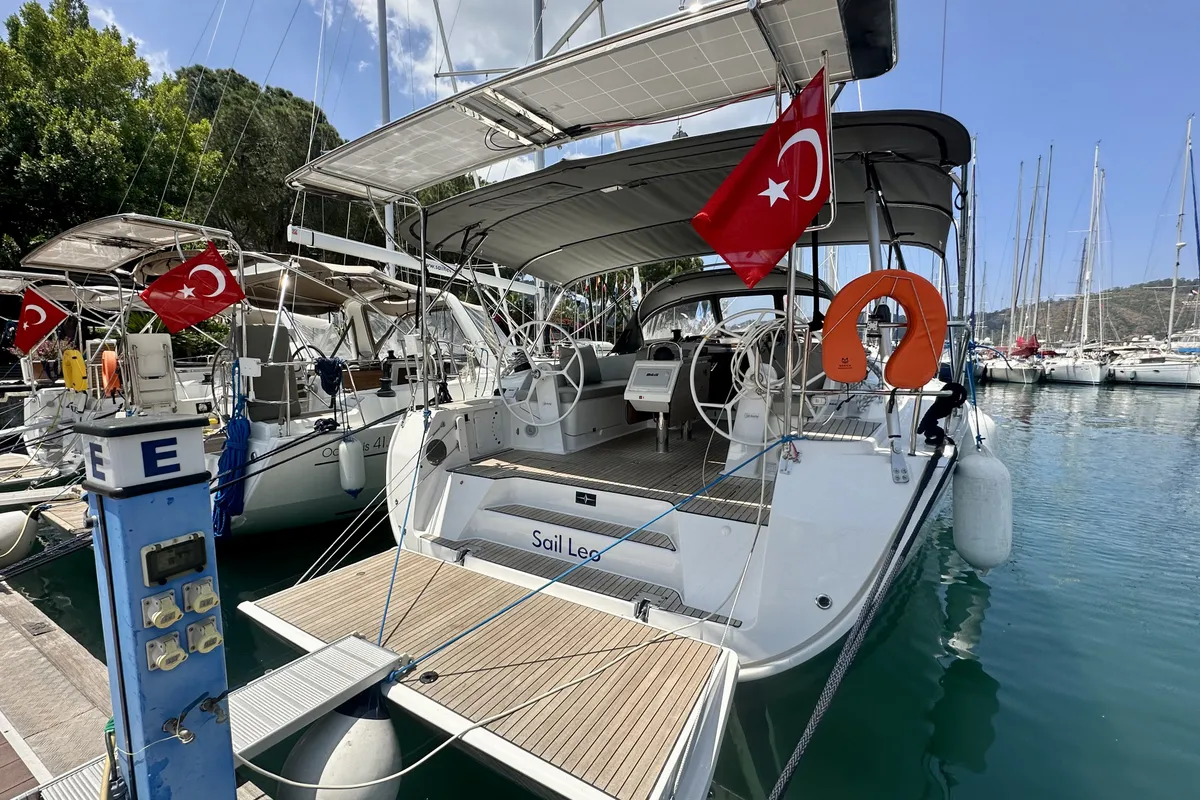 Cockpit of Sail Leo, a Bavaria Cruiser 46 sailboat at Fethiye, Turkey