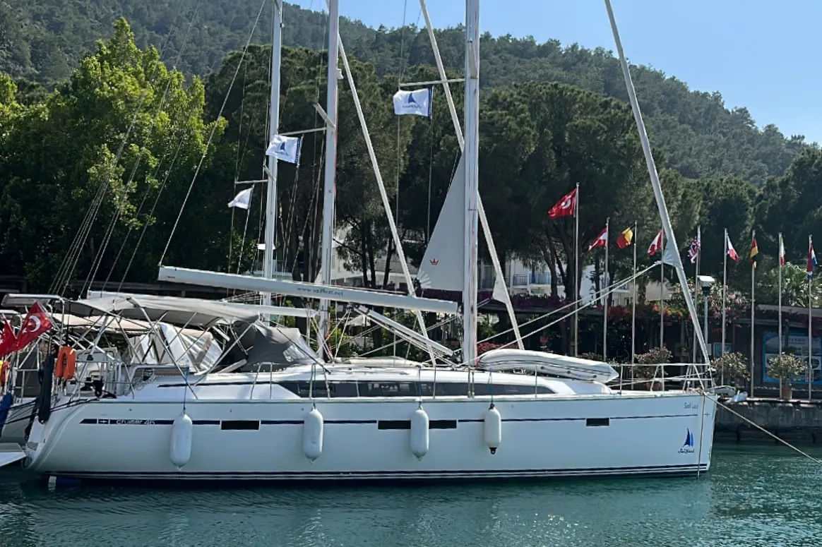 Exterior view of Sail Leo, a Bavaria Cruiser 46 sailboat at Fethiye, Turkey