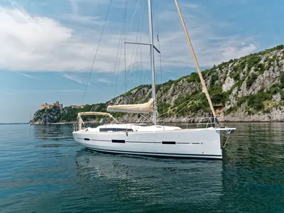 Exterior view of Sham, a Dufour 412 Grand large sailboat at Cagliari, Italy