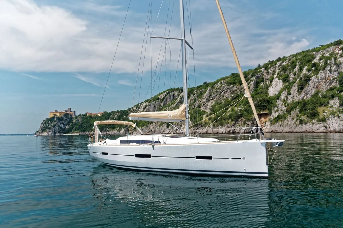 Exterior view of Sham, a Dufour 412 Grand large sailboat at Cagliari, Italy