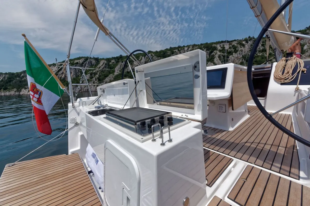 Exterior view of Sham, a Dufour 412 Grand large sailboat at Cagliari, Italy