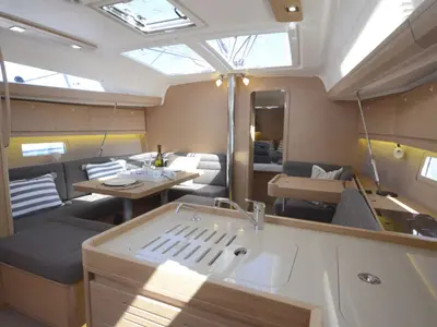 Salon of Sham, a Dufour 412 Grand large sailboat at Cagliari, Italy