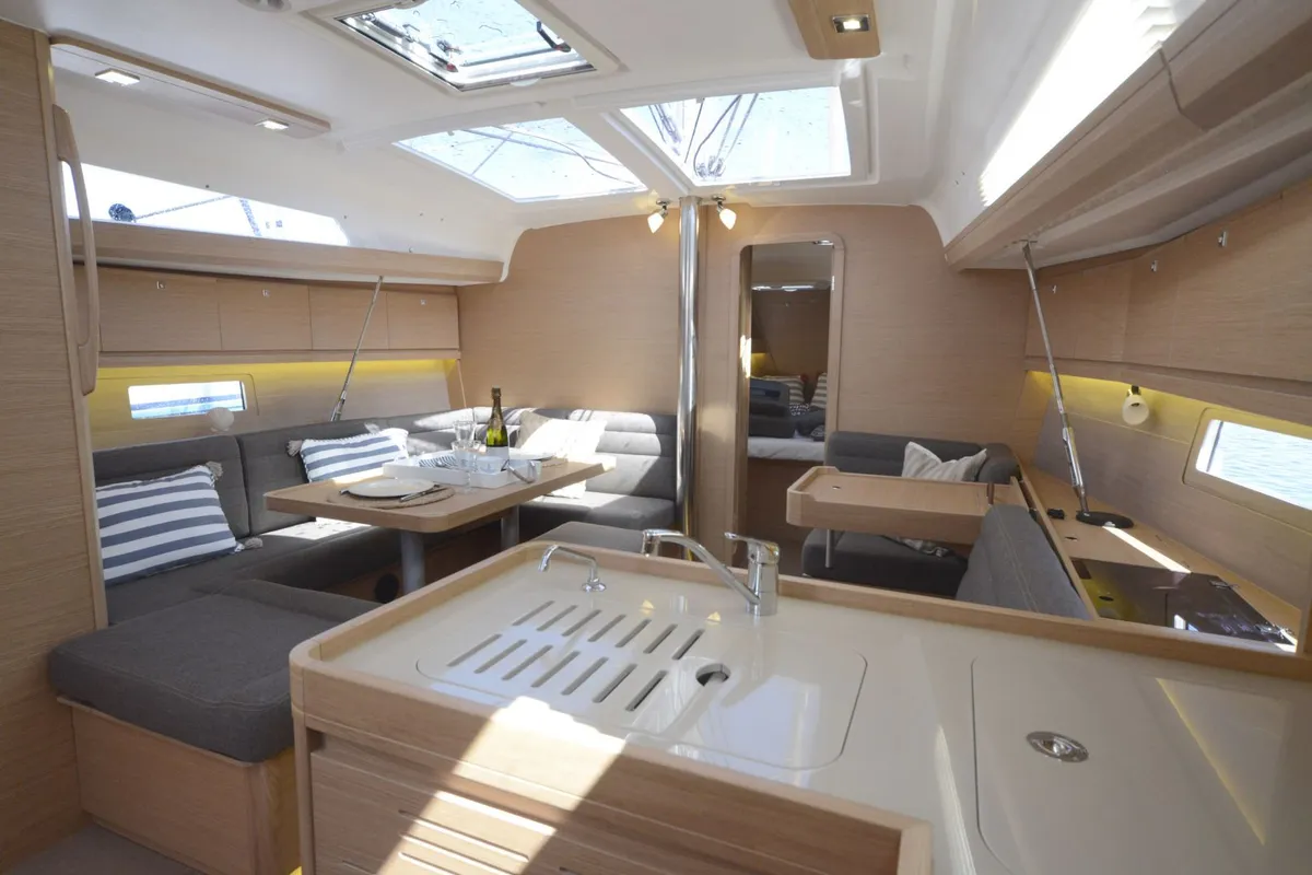 Salon of Sham, a Dufour 412 Grand large sailboat at Cagliari, Italy