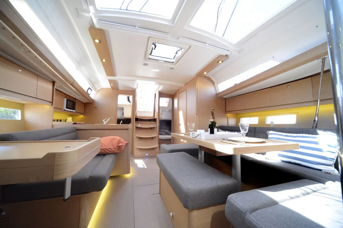 Salon of Sham, a Dufour 412 Grand large sailboat at Cagliari, Italy