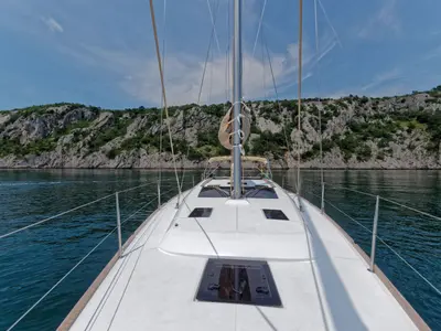 Deck of Sham, a Dufour 412 Grand large sailboat at Cagliari, Italy