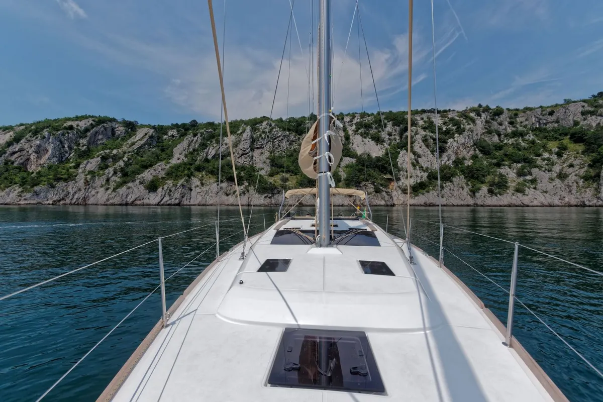 Deck of Sham, a Dufour 412 Grand large sailboat at Cagliari, Italy