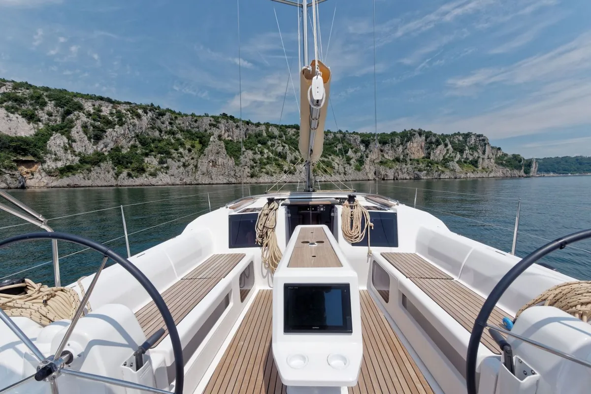 Cockpit of Sham, a Dufour 412 Grand large sailboat at Cagliari, Italy