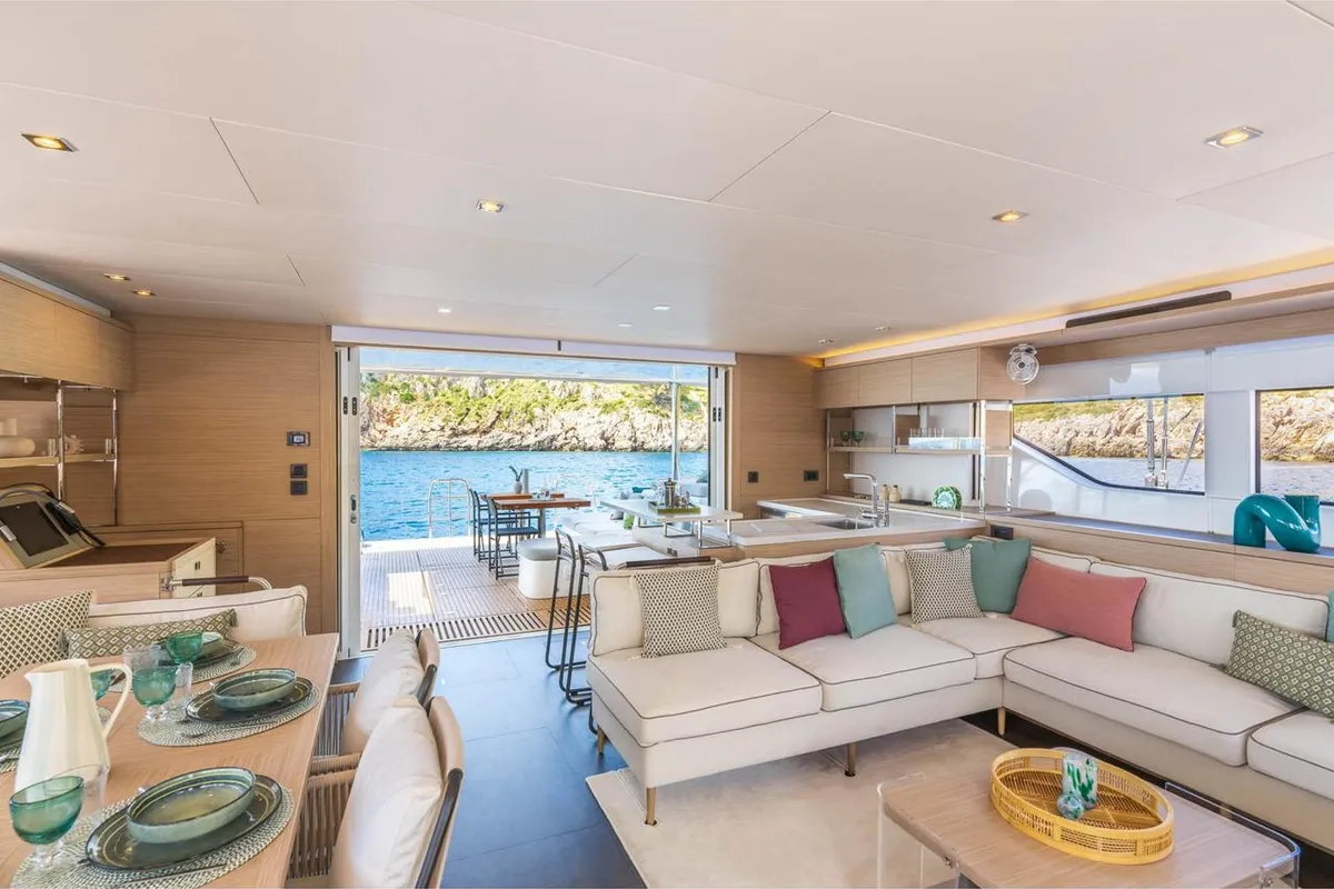 Salon of SAILUXE - Pac-one, a Lagoon 60 catamaran at Castellammare del Golfo, Italy