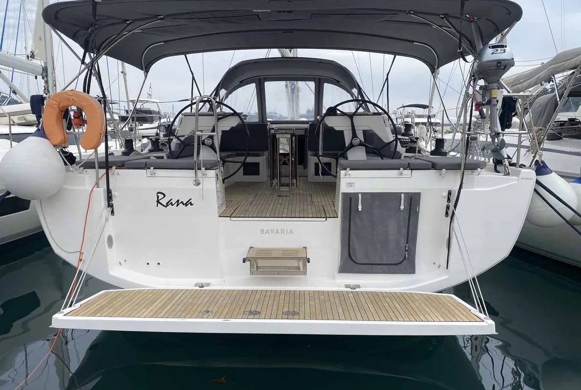 Exterior view of Rana, a Bavaria C46 sailboat at Fethiye, Turkey