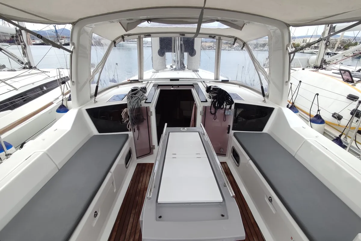 Deck of Maera, a Beneteau Oceanis 41.1 sailboat at Volos, Greece