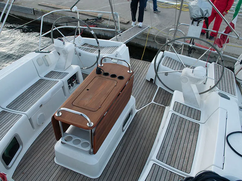 Cockpit of Mondox, a Jeanneau Sun Odyssey 45 sailboat at Fezzano, Italy
