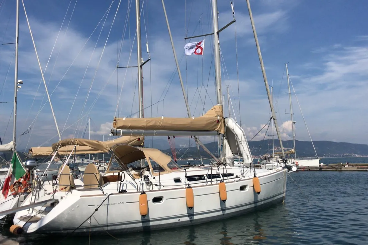 Exterior view of Mondox, a Jeanneau Sun Odyssey 45 sailboat at Fezzano, Italy