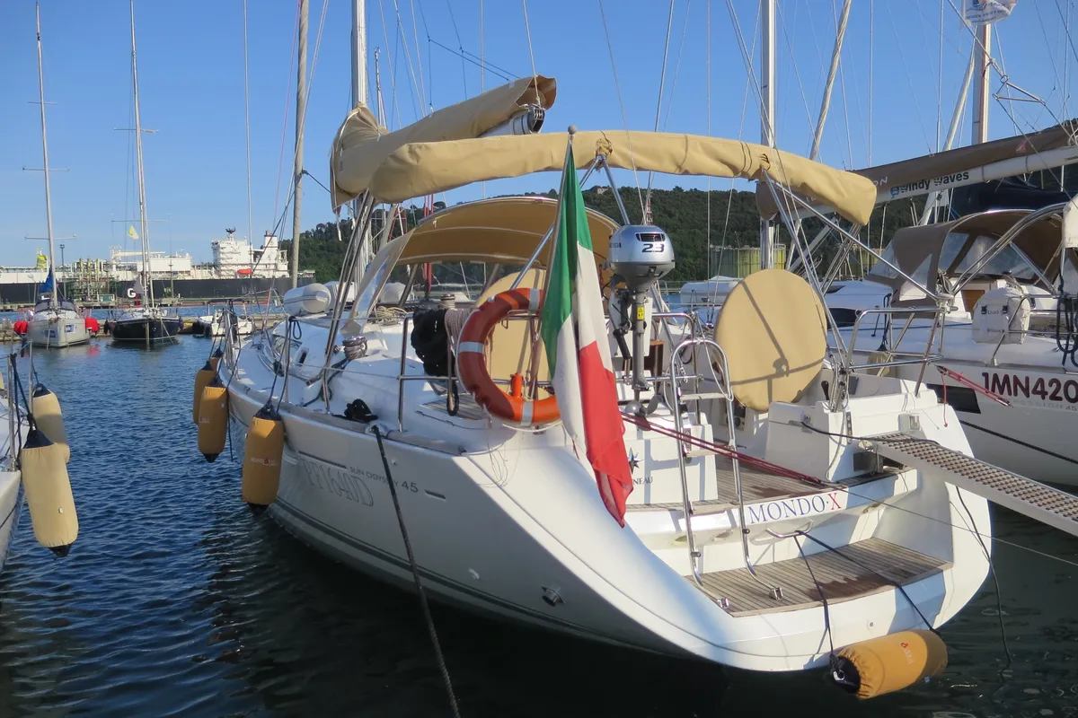 Exterior view of Mondox, a Jeanneau Sun Odyssey 45 sailboat at Fezzano, Italy