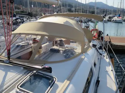 Deck of Mondox, a Jeanneau Sun Odyssey 45 sailboat at Fezzano, Italy