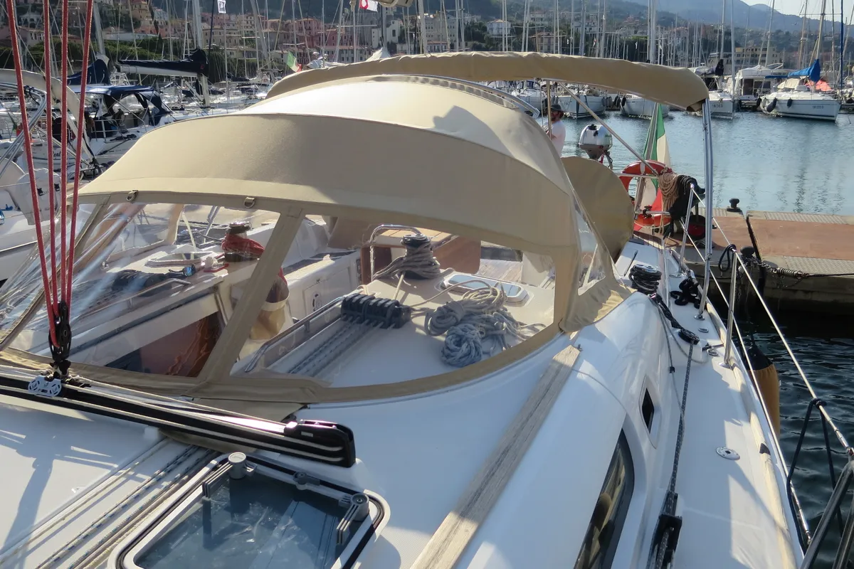 Deck of Mondox, a Jeanneau Sun Odyssey 45 sailboat at Fezzano, Italy