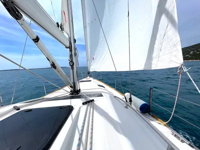Deck of Elysium, a Elan Impression 45 sailboat at Zadar, Croatia