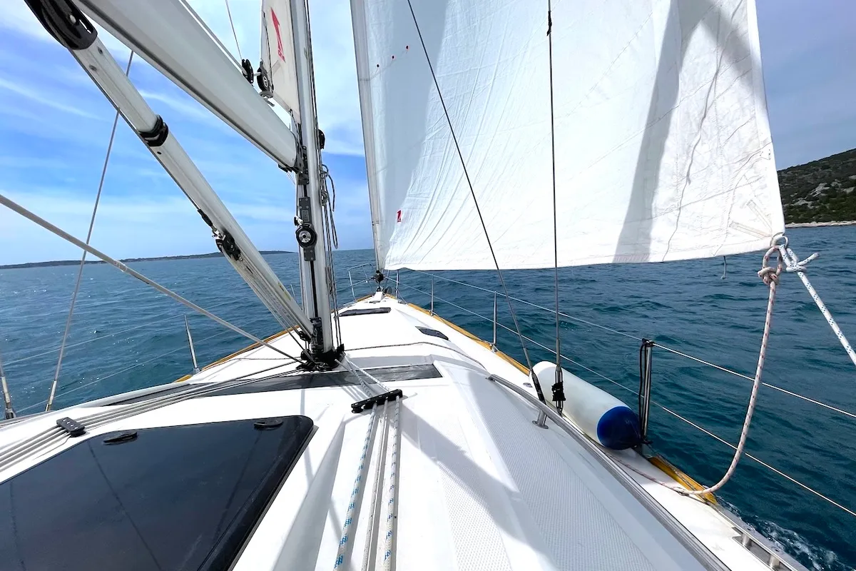 Deck of Elysium, a Elan Impression 45 sailboat at Zadar, Croatia