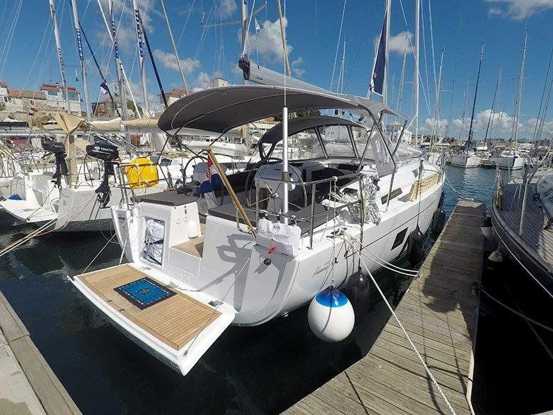 Exterior view of Podatok Too, a Hanse 458 sailboat at Grad Šibenik, Croatia