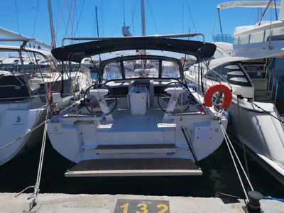 Cockpit of Amalthia, a Beneteau Oceanis 46.1 sailboat at Athens, Greece